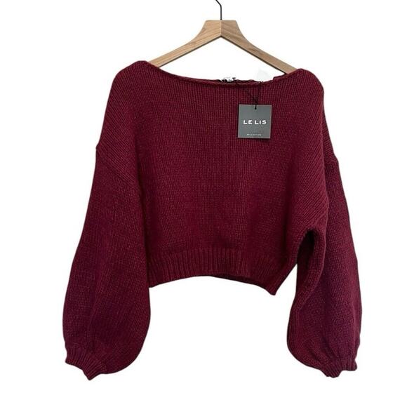 Le Lis Sweater Women's Small Burgundy Wine Knit Crop Bubble Sleeve Pullover NWT - Picture 1 of 6